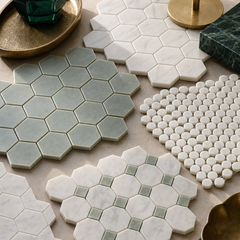 Assorted mosaic tile shapes and finishes