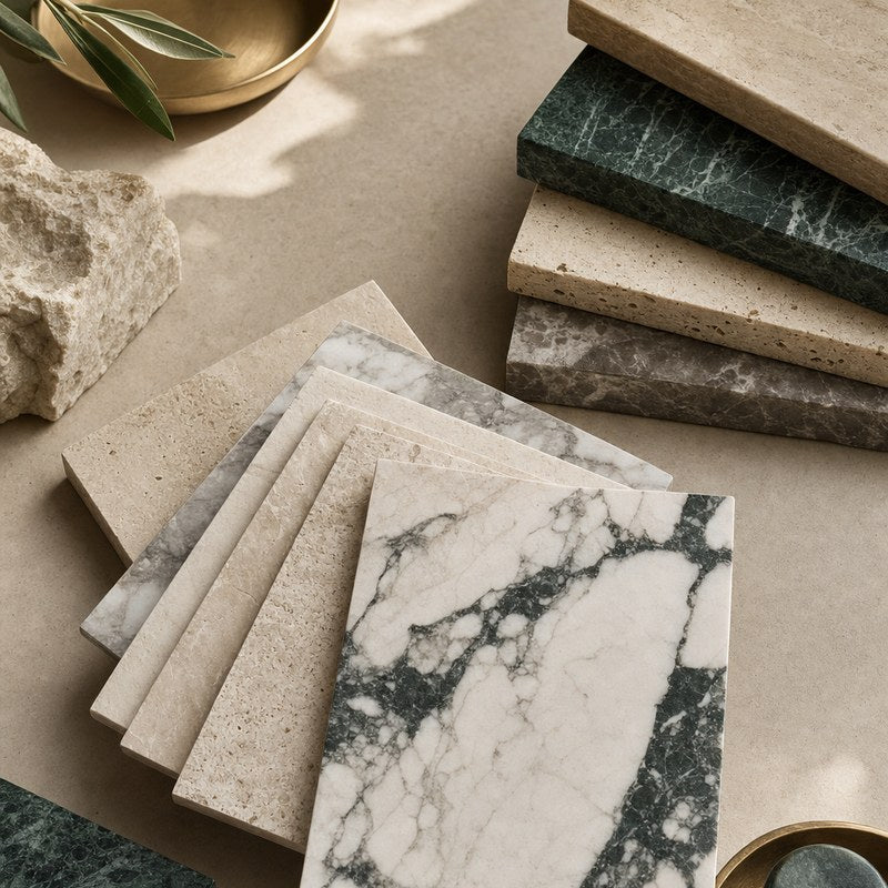 Natural stone tile samples with varied veining