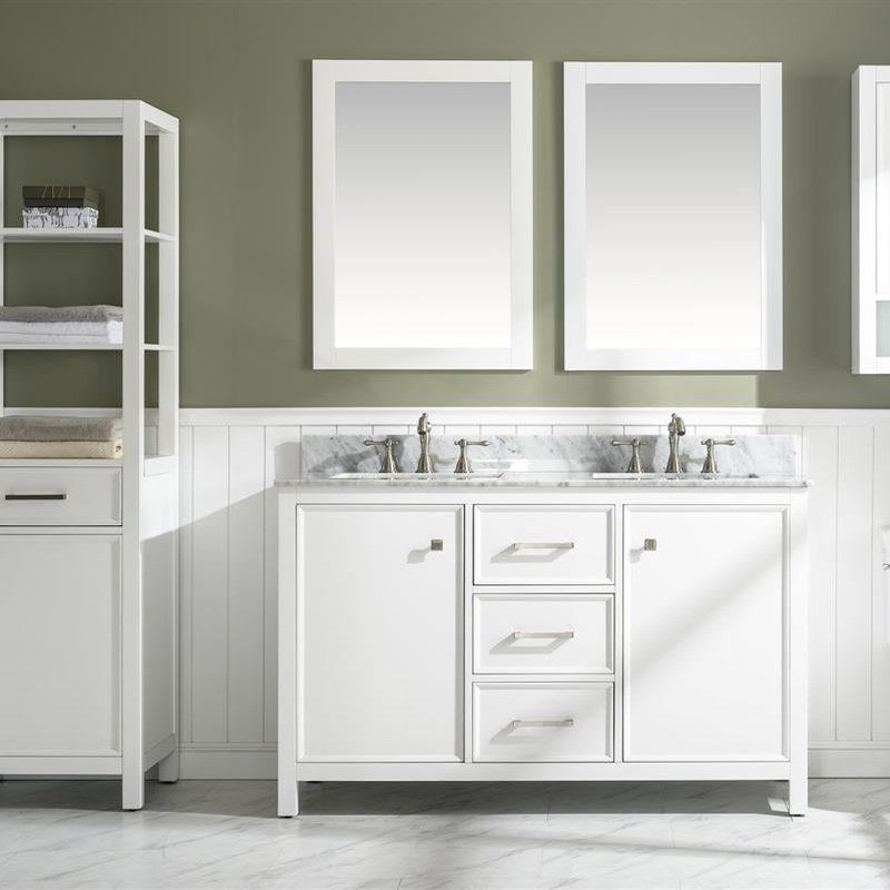 Double bathroom vanity with coordinated mirrors and lighting