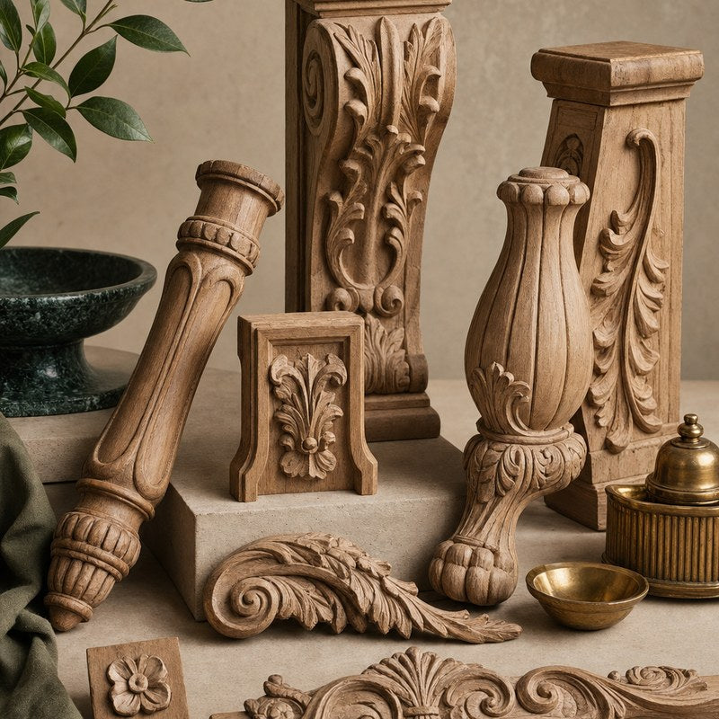 Carved wood corbels, posts, feet, and appliques