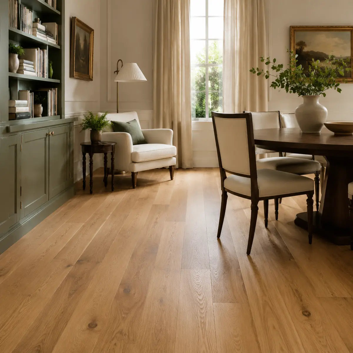 Wide-plank engineered white oak flooring in a sunlit room