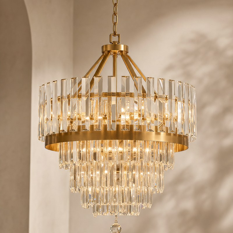 Chandelier illuminating a finished dining space