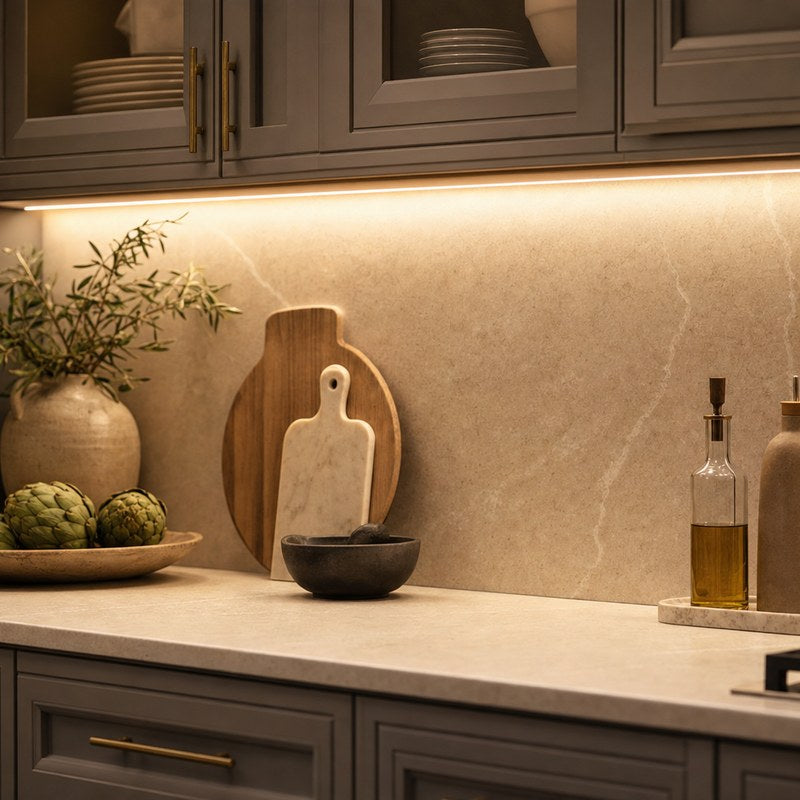 Finished kitchen with layered task lighting beneath the cabinets